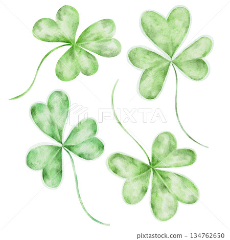 Shamrock leaf collection, isolated, hand painted watercolor clipart. Perfect for Irish decor, St. Patricks Day patterns, botanical designs, and festive graphics Shamrock leaf collection, isolated, hand painted watercolor clipart. Perfect for Irish decor, St. Patricks Day patterns, botanical designs, and festive graphics 134762650