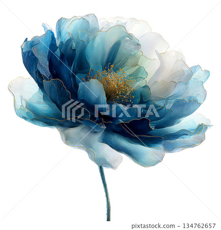 Majestic watercolor blue peony flower illustration with gold edges and stem, luxury blooming rose floral art isolated on white background for wedding design. Majestic watercolor blue peony flower illustration with gold edges and stem, luxury blooming rose floral art isolated on white background for wedding design. 134762657