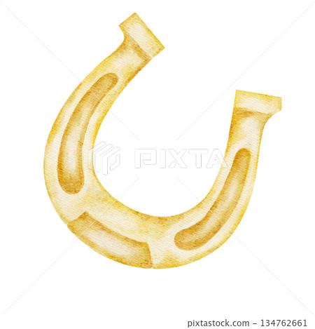 Golden horseshoe symbol of luck, isolated, hand painted watercolor clipart. Perfect for Irish luck themes, St. Patricks Day designs, folklore art, and good fortune symbols 134762661