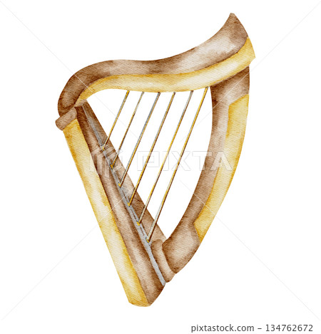 Irish harp traditional instrument, isolated, hand painted watercolor clipart. Perfect for Irish culture designs, St. Patricks Day themes, music art, and folklore symbols Irish harp traditional instrument, isolated, hand painted watercolor clipart. Perfect for Irish culture designs, St. Patricks Day themes, music art, and folklore symbols 134762672