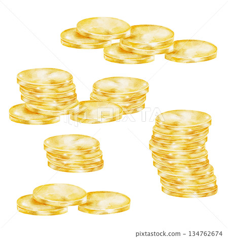 Stacks of gold coins, isolated, hand painted watercolor clipart. Perfect for Irish luck themes, treasure illustrations, St. Patricks Day graphics, and childrens designs 134762674