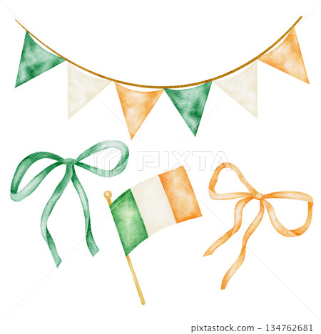 St. Patricks Day decoration set with Irish flag, bunting, and ribbons, isolated, hand painted watercolor clipart. Ideal for party invitations, festive graphics, and Irish celebrations 134762681