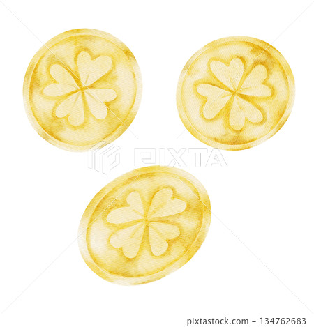 Gold coin set with shiny round coins, isolated, hand painted watercolor clipart. Perfect for Irish luck themes, treasure illustrations, St. Patricks Day graphics, and childrens designs 134762683
