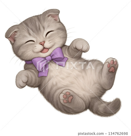 一隻可愛的小貓仰面睡覺的插圖 134762698
