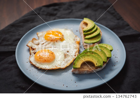 fried egg with two avocado sandwiches for breakfast on a blue plate 134762743