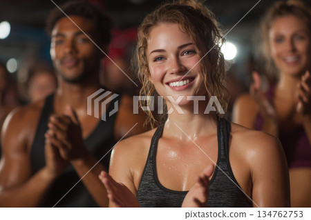 Joyful celebration of fitness with friends in a vibrant gym atmosphere 134762753