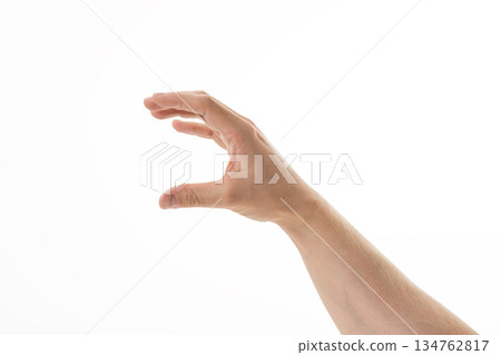 Adult young man hand hold something big isolated on white 134762817