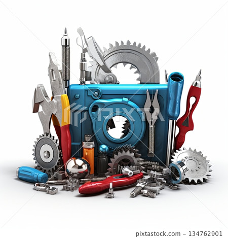 Assorted Tools and Mechanical Components Arranged Around a Blue Toolbox Illustration 134762901