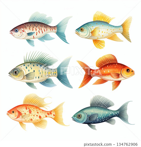 Colorful Freshwater Fish Illustration A Diverse Collection of Aquatic Animals for Design Projects 134762906