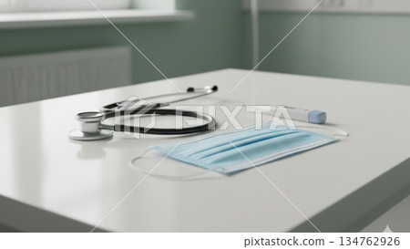 Medical examination tools on clean clinic table 4k ai 134762926