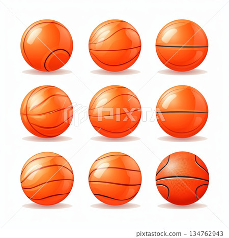 Set of Orange Basketballs with Various Designs on a White Background, Sport Equipment 134762943
