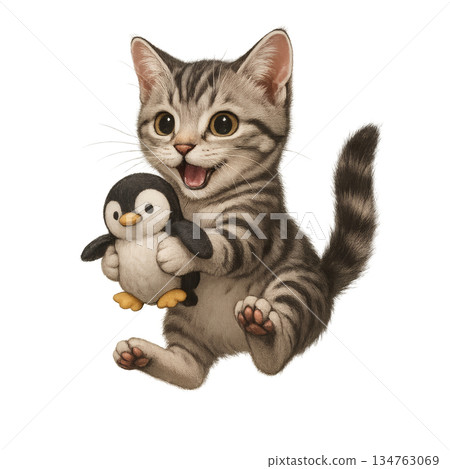 一隻可愛的小貓抱著一隻企鵝毛絨玩具的插圖 134763069