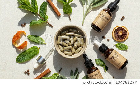 natural herbal oils and organic supplements flatlay 4k ai 134763257