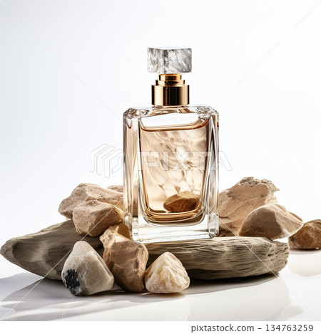 Elegant perfume bottle on a stone podium with rocks and driftwood 134763259
