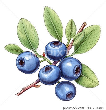 Blueberry Branch Detailed Illustration Perfect for Botanical Studies and Healthy Food Designs 134763308