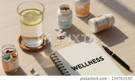 wellness supplements herbal drink and health notes on table 4k ai 134763330