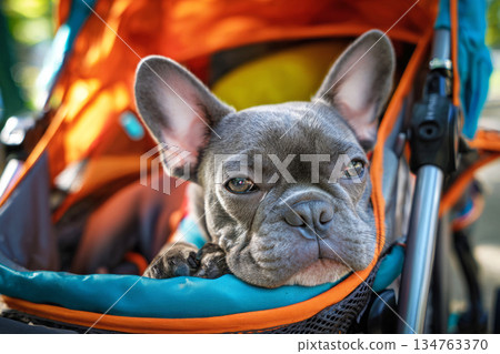 A small French Bulldog rests comfortably in a sporty stroller. The vibrant city park surroundings create a cheerful atmosphere, perfect for a day out with pets 134763370