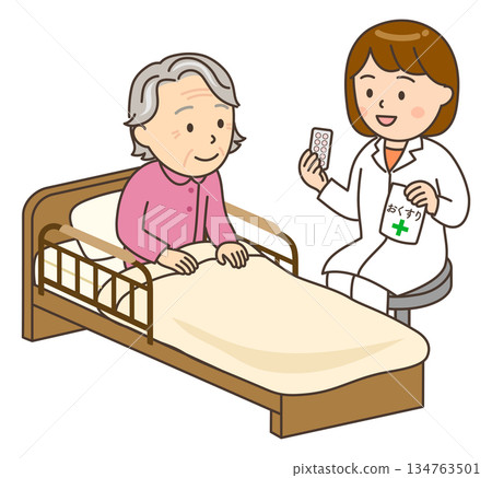 A young female pharmacist giving medication instructions to an elderly woman at her bedside A young female pharmacist giving medication instructions to an elderly woman at her bedside 134763501