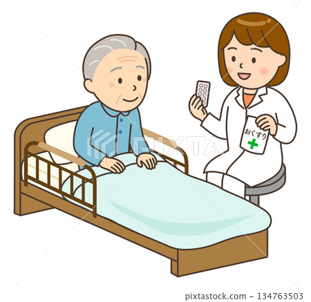 一位年輕的女藥劑師正在床邊對一位老人家講解用藥方法。 134763503
