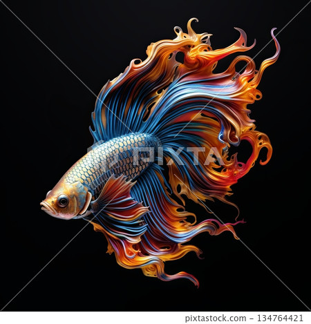 Vibrant Siamese Fighting Fish with Flowing Fins on Black Background, Aquatic Beauty, Elegant Pet 134764421