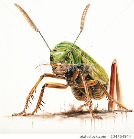Detailed Insect Illustration A Striking Close-Up of a Green Grasshopper Creature 134764544