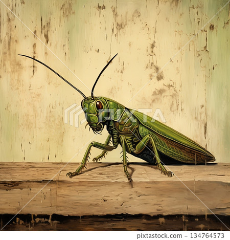 Intricate Green Grasshopper on Weathered Wood A Detailed Nature Illustration 134764573