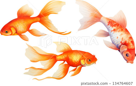 一套精美的水彩插畫，描繪了金魚優雅地遊動，背景為白色，金魚圖案包括彗星和日本金魚設計材料。 134764607
