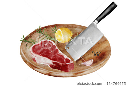 Watercolor illustration of a raw ribeye beef steak on a wooden cutting board with a meat cleaver, lemon, rosemary, garlic, and peppercorns. Realistic food art isolated on white background. Detailed Watercolor illustration of a raw ribeye beef steak on a wooden cutting board with a meat cleaver, lemon, rosemary, garlic, and peppercorns. Realistic food art isolated on white background. Detailed 134764655
