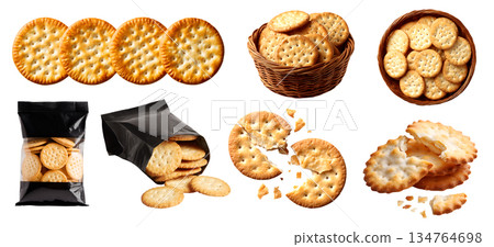 Set of round crackers, flat baked thin crispy circle biscuit snack staple food, takeaway bag package, rattan basket, stack pile broken bite, transparent cutout PNG. Many different style. Mockup design 134764698