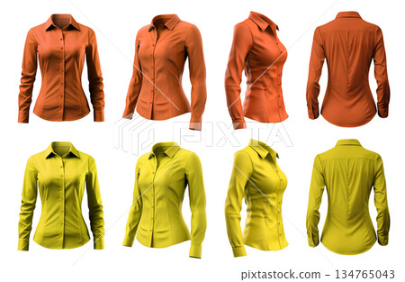 2 Set of woman yellow orange mustard button up long sleeve collar slim fitting shirt front, back side view on transparent background cutout, PNG file. Mockup template 2 Set of woman yellow orange mustard button up long sleeve collar slim fitting shirt front, back side view on transparent background cutout, PNG file. Mockup template 134765043
