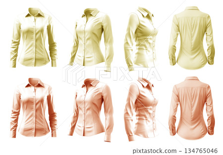 2 Set of woman pastel light yellow orange button up long sleeve collar slim fitting shirt front, back side view on transparent background cutout, PNG file. Mockup template 2 Set of woman pastel light yellow orange button up long sleeve collar slim fitting shirt front, back side view on transparent background cutout, PNG file. Mockup template 134765046