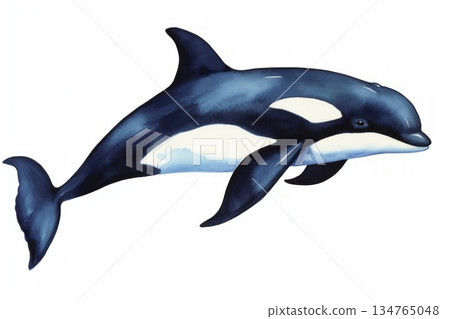 一幅水彩插畫，描繪了一頭美麗的虎鯨，背景獨立，是展現海洋之王優雅遊動的元素。 134765048