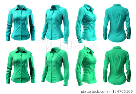 2 Set of woman turquoise blue green button up long sleeve collar slim fitting shirt front, back side view on transparent background cutout, PNG file. Mockup template  134765166