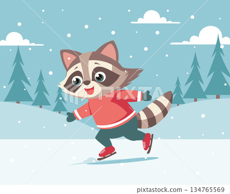 Cute raccoon in sweater ice skating in a snowy winter landscape. Holiday card illustration. Cute raccoon in sweater ice skating in a snowy winter landscape. Holiday card illustration. 134765569