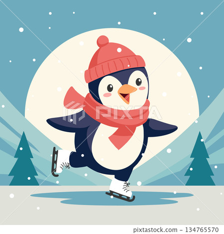 Cute penguin skates on ice in a snowy winter fairytale landscape. Holiday card illustration.  134765570