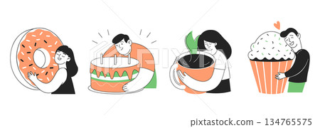 Cute fun characters holding coffee and pastry. Minimal hand drawn illustrations for postcards, menu. Illustration. 134765575