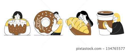 Cute fun characters holding coffee and pastry. Minimal hand drawn illustrations for postcards, menu. Illustration. 134765577