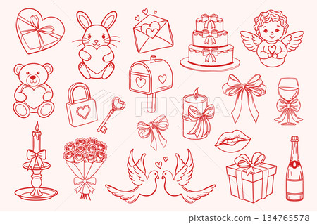 Valentines Day doodle icon set. Romantic collection of hand drawn love and Valentines Day elements. Illustration. Valentines Day doodle icon set. Romantic collection of hand drawn love and Valentines Day elements. Illustration. 134765578