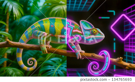 A conceptual image of a chameleon split between a lush green natural environment and a high-tech neon digital world. Featuring glowing circuits and vibrant purple accents. High-quality 3D digital art  134765693