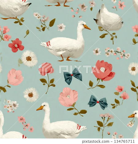 Seamless floral pattern with hand drawn bows, flowers, and goose. Spring summer print in vintage cottagecore style. Soft pastel background perfect for fabric, textile, wallpaper, wrapping paper, brand Seamless floral pattern with hand drawn bows, flowers, and goose. Spring summer print in vintage cottagecore style. Soft pastel background perfect for fabric, textile, wallpaper, wrapping paper, brand 134765711