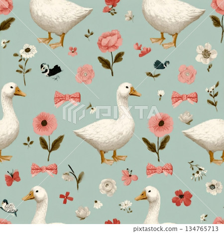 Seamless floral pattern with hand drawn bows, flowers, and goose. Spring summer print in vintage cottagecore style. Soft pastel background perfect for fabric, textile, wallpaper, wrapping paper, brand Seamless floral pattern with hand drawn bows, flowers, and goose. Spring summer print in vintage cottagecore style. Soft pastel background perfect for fabric, textile, wallpaper, wrapping paper, brand 134765713
