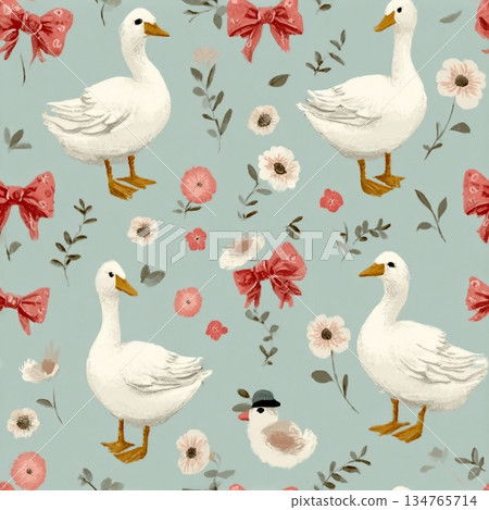Seamless floral pattern with hand drawn bows, flowers, and goose. Spring summer print in vintage cottagecore style. Soft pastel background perfect for fabric, textile, wallpaper, wrapping paper, brand Seamless floral pattern with hand drawn bows, flowers, and goose. Spring summer print in vintage cottagecore style. Soft pastel background perfect for fabric, textile, wallpaper, wrapping paper, brand 134765714