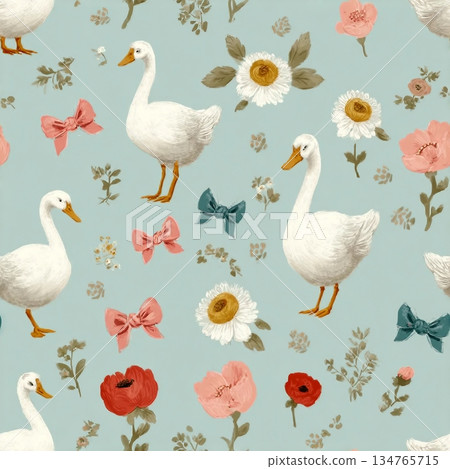 Seamless floral pattern with hand drawn bows, flowers, and goose. Spring summer print in vintage cottagecore style. Soft pastel background perfect for fabric, textile, wallpaper, wrapping paper, brand Seamless floral pattern with hand drawn bows, flowers, and goose. Spring summer print in vintage cottagecore style. Soft pastel background perfect for fabric, textile, wallpaper, wrapping paper, brand 134765715