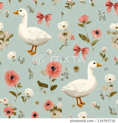 Seamless floral pattern with hand drawn bows, flowers, and goose. Spring summer print in vintage cottagecore style. Soft pastel background perfect for fabric, textile, wallpaper, wrapping paper, brand Seamless floral pattern with hand drawn bows, flowers, and goose. Spring summer print in vintage cottagecore style. Soft pastel background perfect for fabric, textile, wallpaper, wrapping paper, brand 134765716