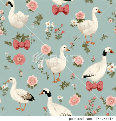 Seamless floral pattern with hand drawn bows, flowers, and goose. Spring summer print in vintage cottagecore style. Soft pastel background perfect for fabric, textile, wallpaper, wrapping paper, brand Seamless floral pattern with hand drawn bows, flowers, and goose. Spring summer print in vintage cottagecore style. Soft pastel background perfect for fabric, textile, wallpaper, wrapping paper, brand 134765717