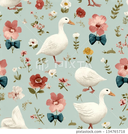 Seamless floral pattern with hand drawn bows, flowers, and goose. Spring summer print in vintage cottagecore style. Soft pastel background perfect for fabric, textile, wallpaper, wrapping paper, brand Seamless floral pattern with hand drawn bows, flowers, and goose. Spring summer print in vintage cottagecore style. Soft pastel background perfect for fabric, textile, wallpaper, wrapping paper, brand 134765718