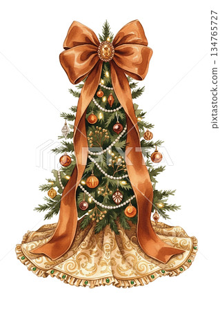 Watercolor Christmas Tree with Bronze Brown Ribbon Bow and Golden Tree Skirt Isolated on White Background, Luxury Festive Holiday Decoration Art 134765727
