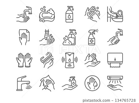 Set of 20 line icons for hand hygiene, washing, sanitation, soap, gloves, and dryers. Black outline vector illustration on white background. 134765728