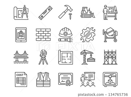 Construction and architecture line icons set. Black outline vector pictograms of building tools, engineering, and planning on white background. Construction and architecture line icons set. Black outline vector pictograms of building tools, engineering, and planning on white background. 134765736
