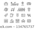 Airport and travel line icon set. Vector illustration of passenger services, transportation, terminal, luggage, and tourism symbols in black outline style. 134765737